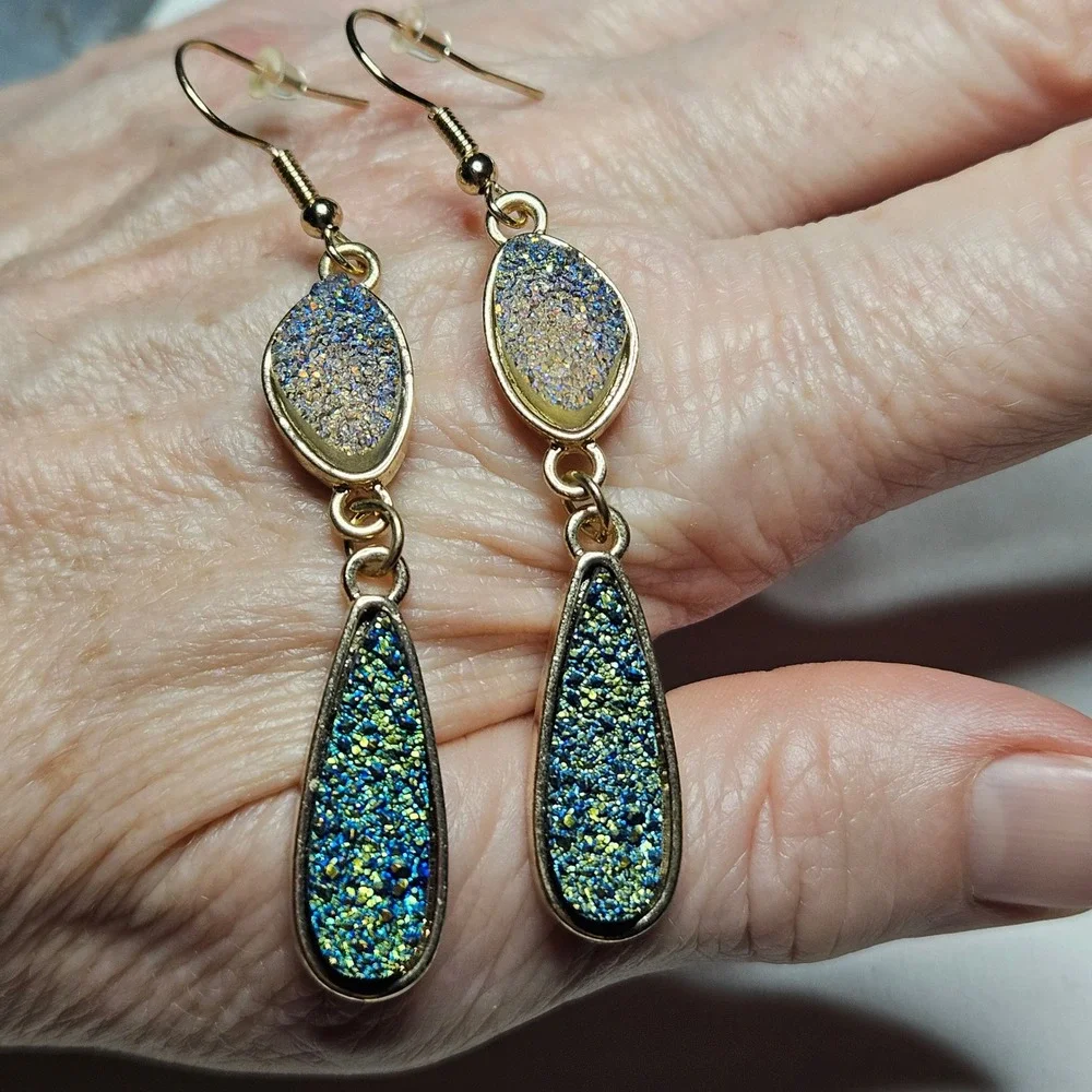 Faux Druzy Drop Earrings Womens OS Blue Green Gold Tone Iridescent Boho